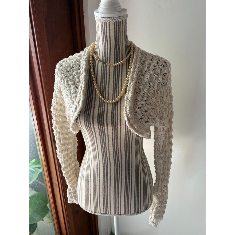 Sugar Moon Open-Stitch Long-Sleeve BOHO Ballet Fairycore Crochet Cardigan Shrug